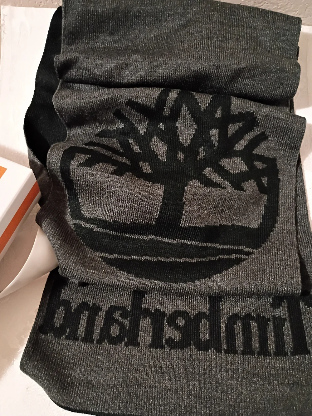 Timberland Reversible Black and Gray Knit Logo Scarf NWT